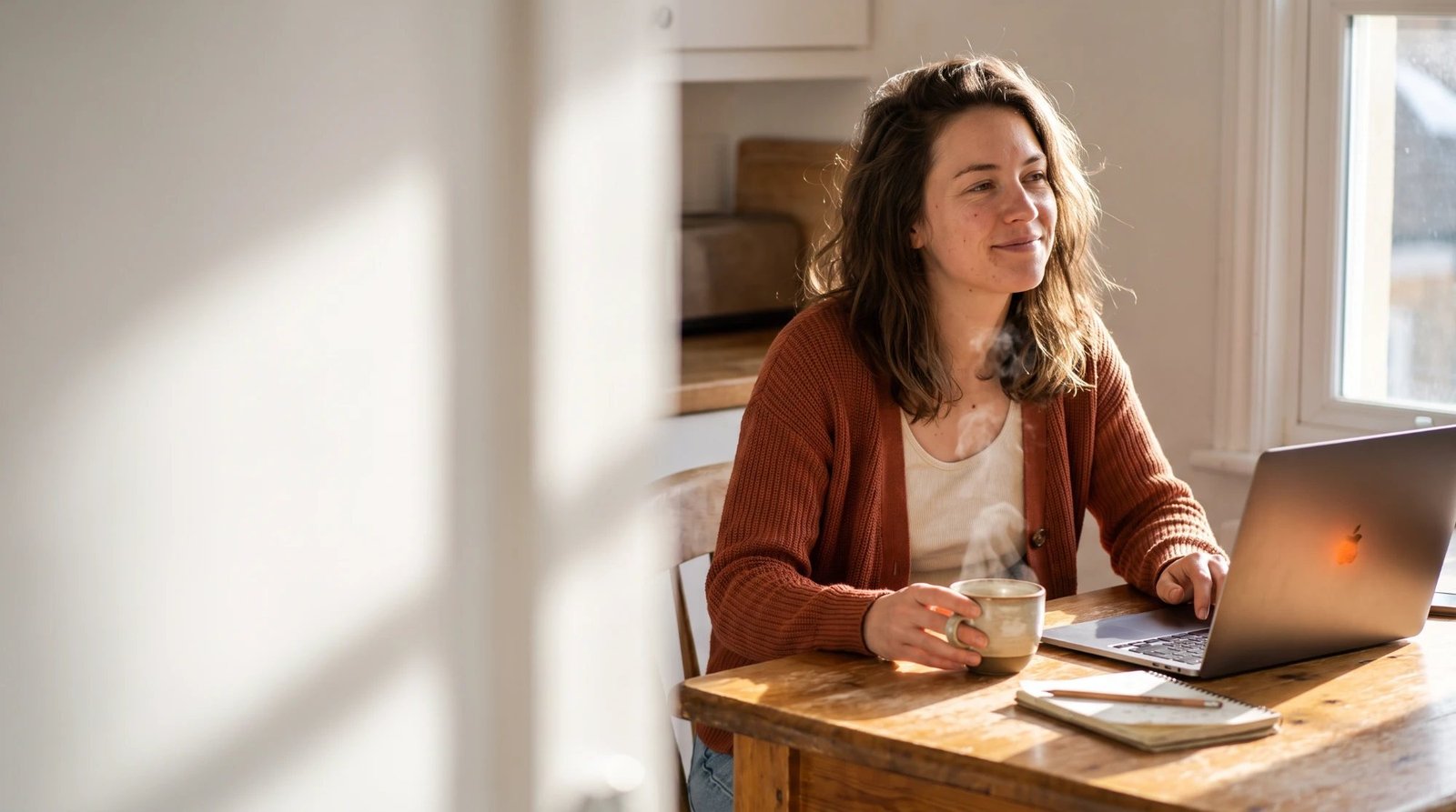 A smiling woman in a rust cardigan holding a steaming mug at a wooden table with a laptop and a notebook, looking toward a sunlit window
